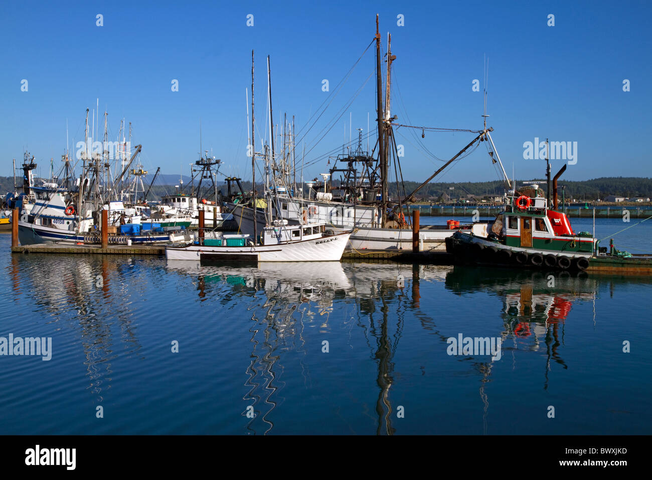 Fishing boats in the harbor at Yaquina Bay, Newport, Oregon, USA Stock