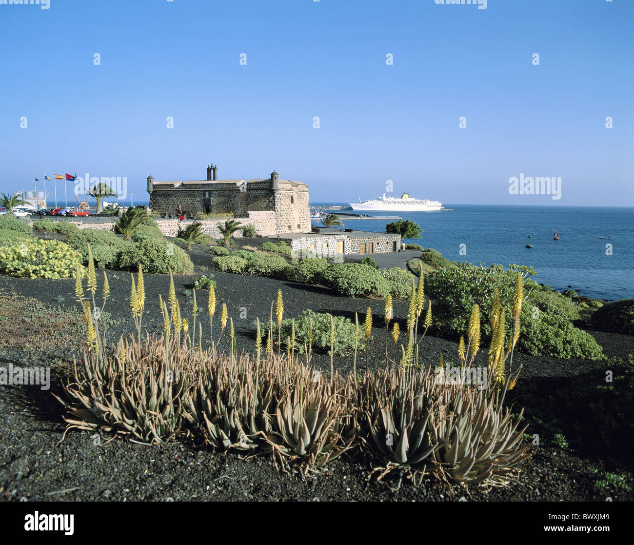 Arecife dusk twilight cruise ship Lanzarote sea San Jose fort Spain Europe volcanism Stock Photo