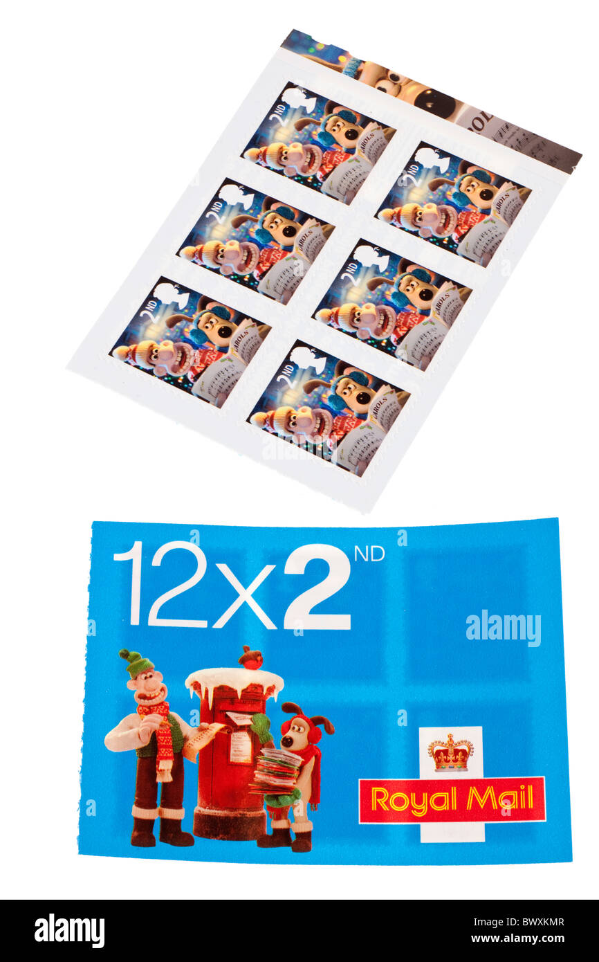 12 Royal mail Wallace and Gromit 2nd class Christmas stamps.  Editorial use only Stock Photo