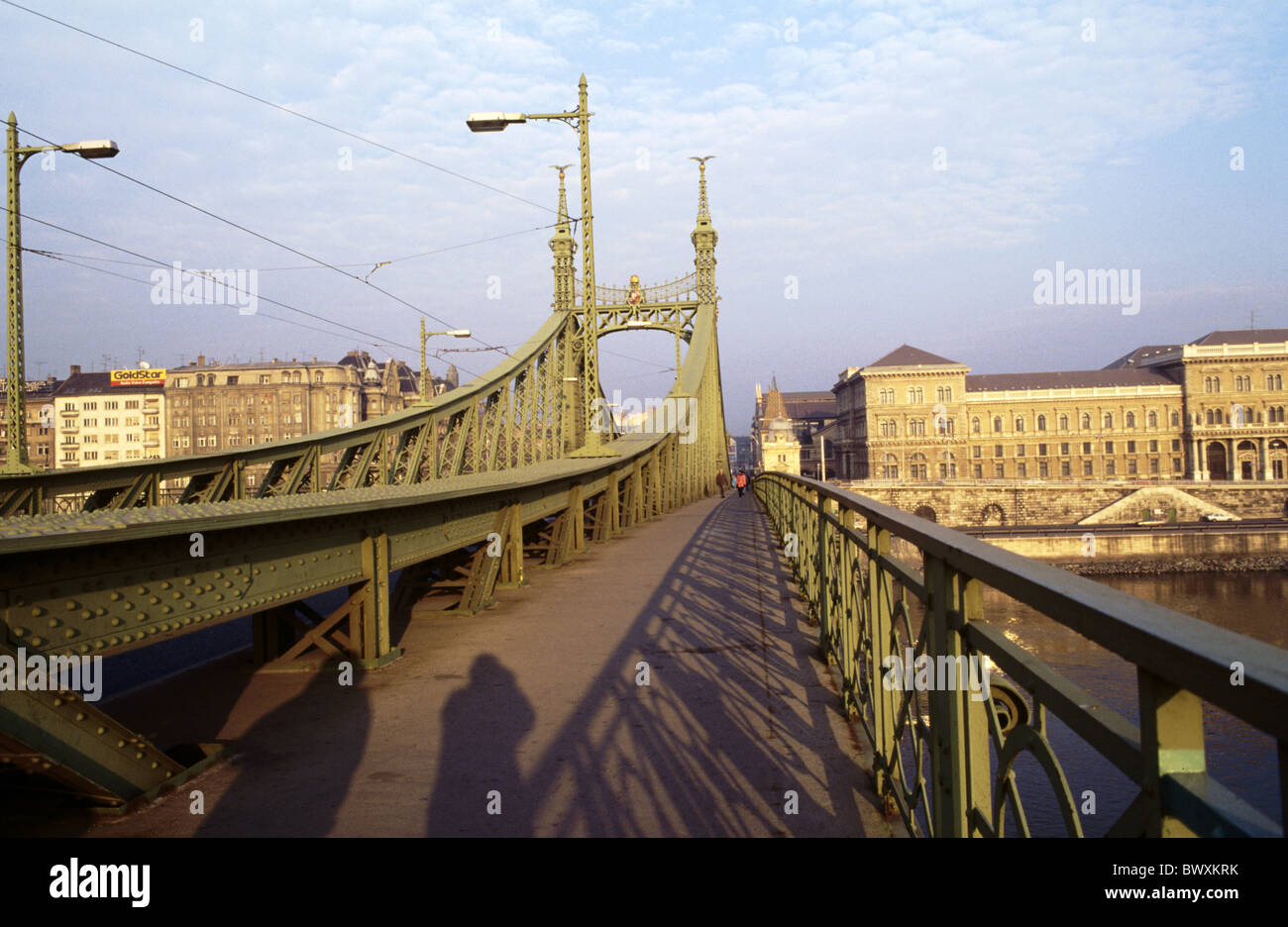 Budapest Franz Josef's bridge freedom bridge railing houses homes street Hungary Europe Stock Photo