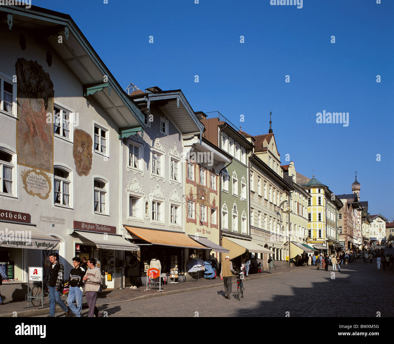 Germany Europe Bavaria bath Bad Tolz Marktstrasse facades old people Stock Photo