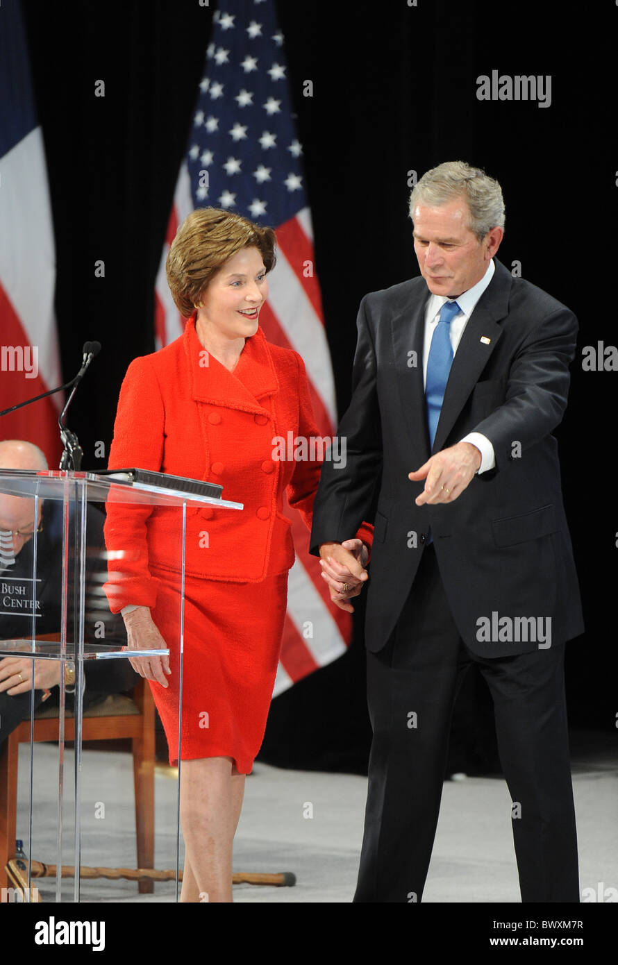 George W. Bush and wife Laura Bush at the ground breaking ceremony for the George W. Bush Presidential Library in Dallas Texas Stock Photo