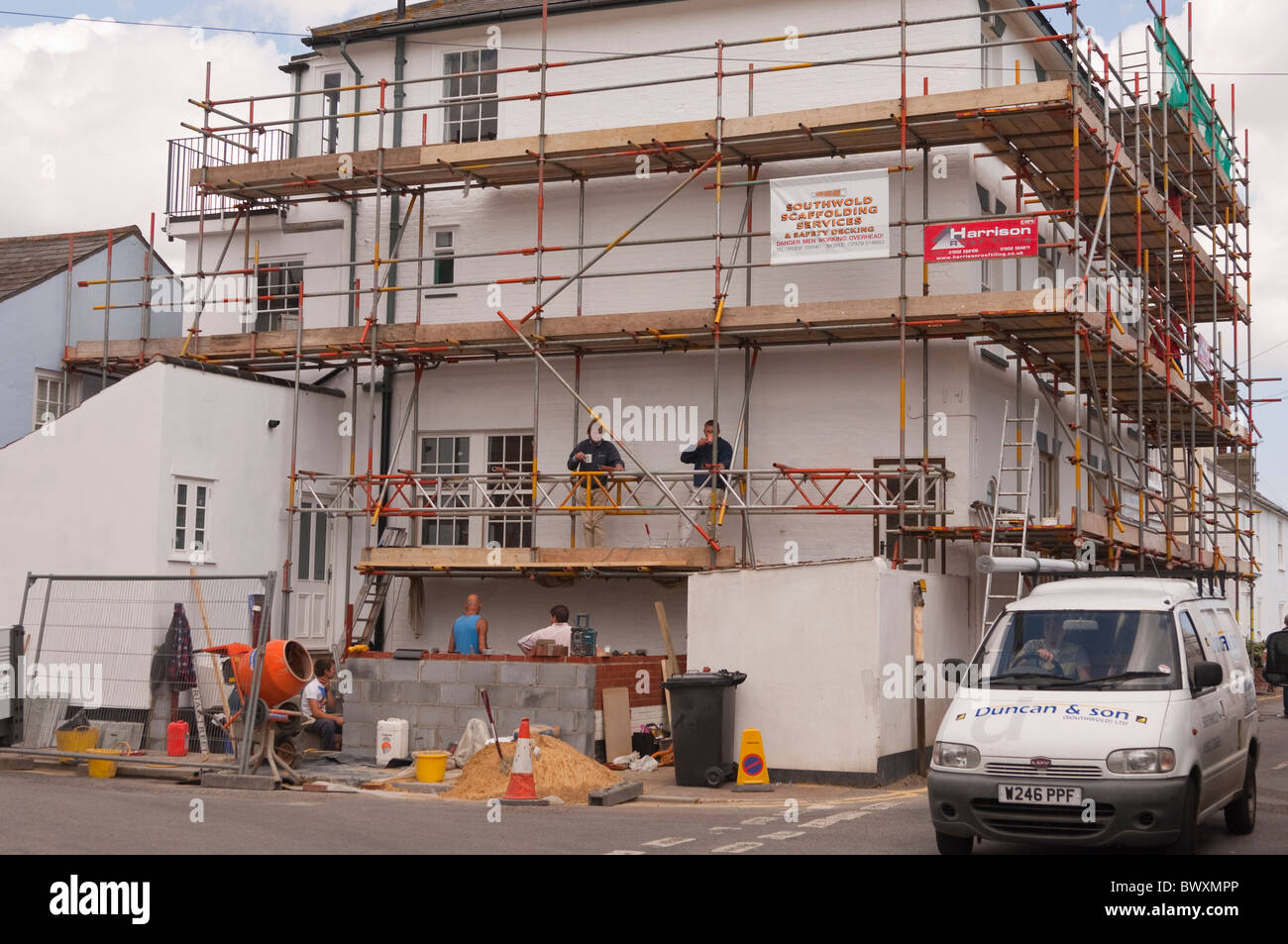 Scaffolding and building work being done on a large house in Southwold