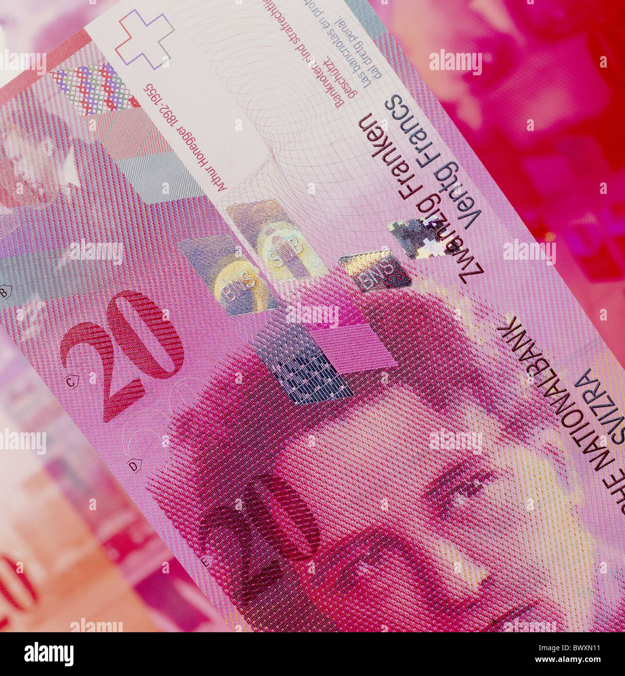 currency Swiss franc CHF Switzerland Europe bank note bill detail 20th