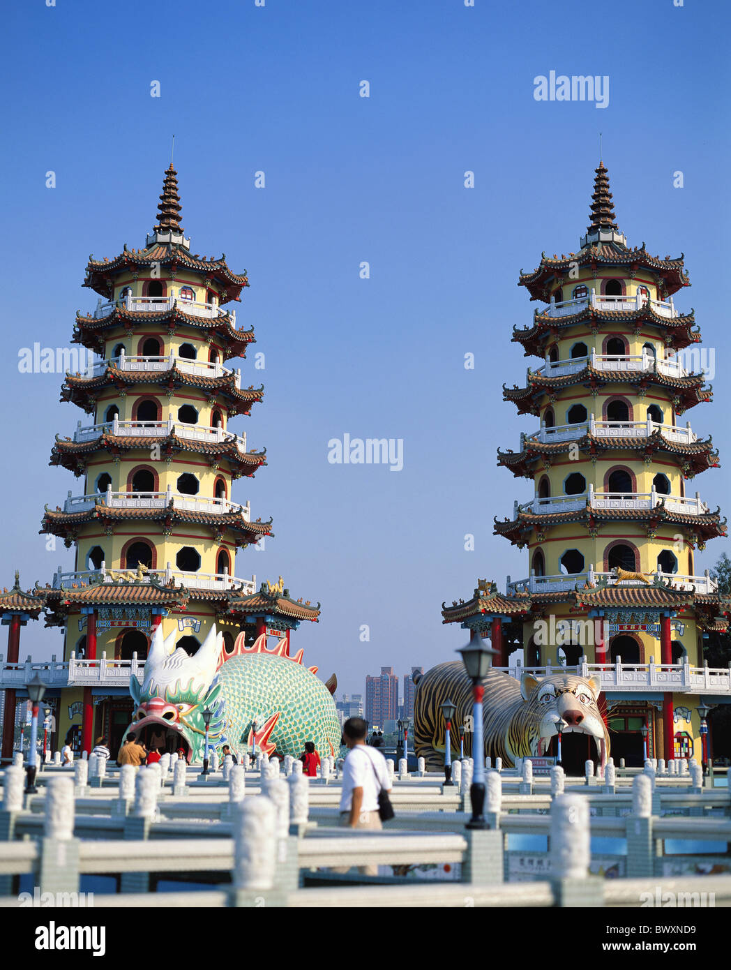 visitor dragon kite and tiger pagoda Kaoshiung culture pagodas Taiwan Asia Stock Photo
