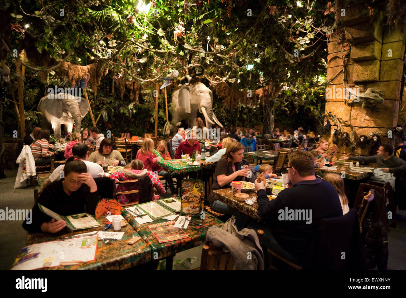 People eating in the Rainforest cafe, Disney Village, Disneyland Paris