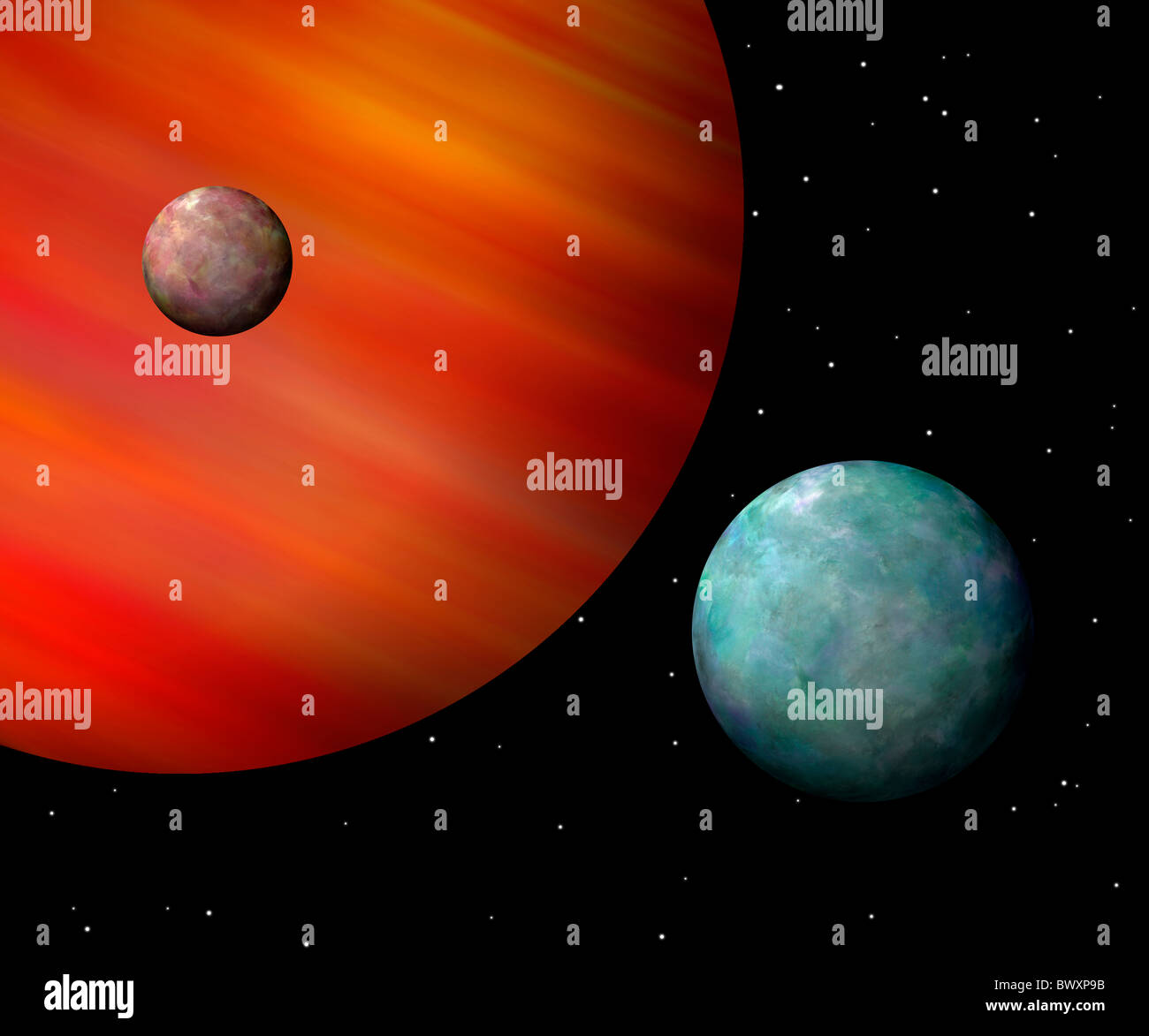 Moons orbiting a reddish gas giant Horizontal Stock Photo