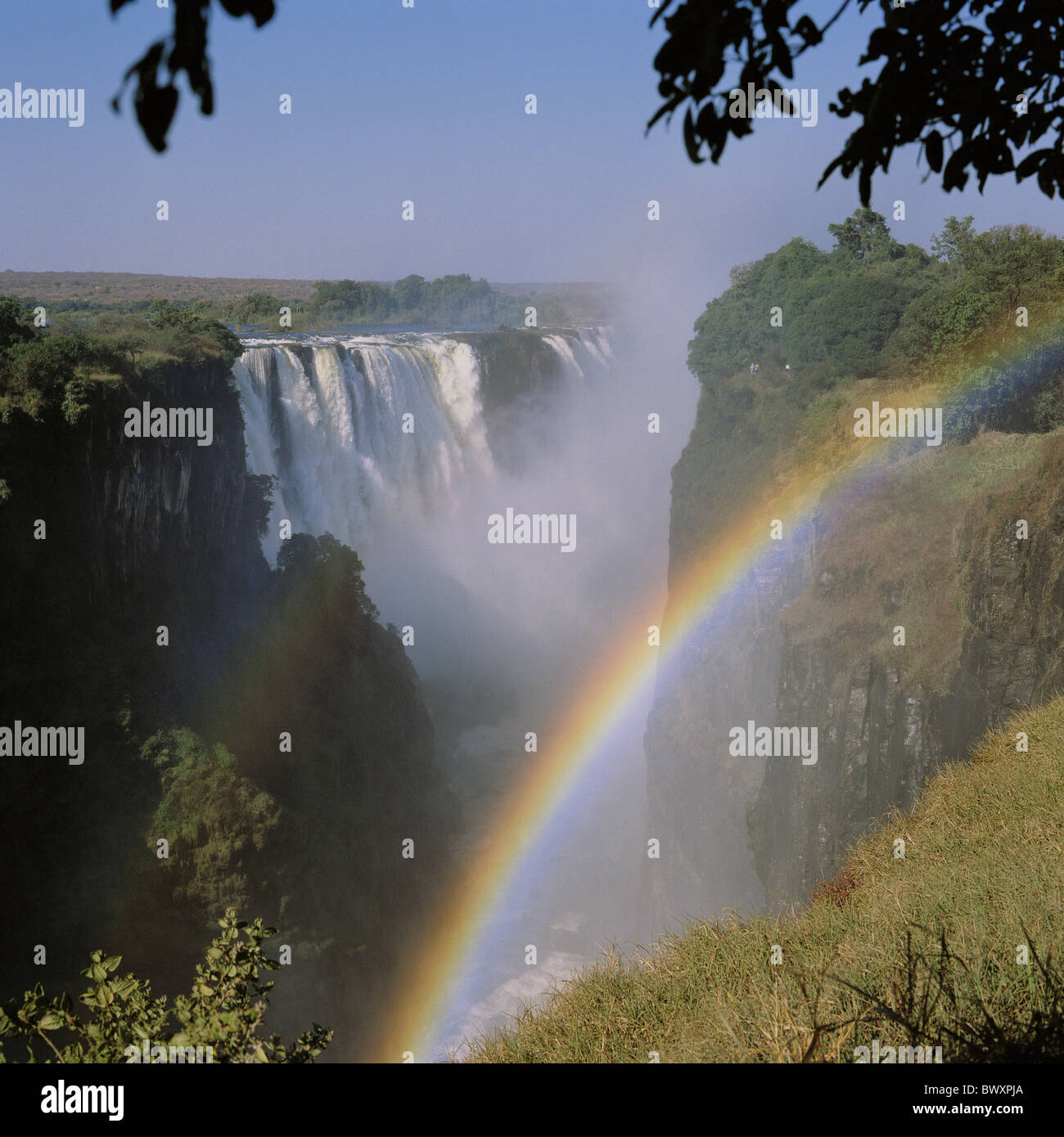 Zimbabwe Victoria Falle main falls rocks cliffs trees rainbows Matabeleland Viktoria's falls Stock Photo