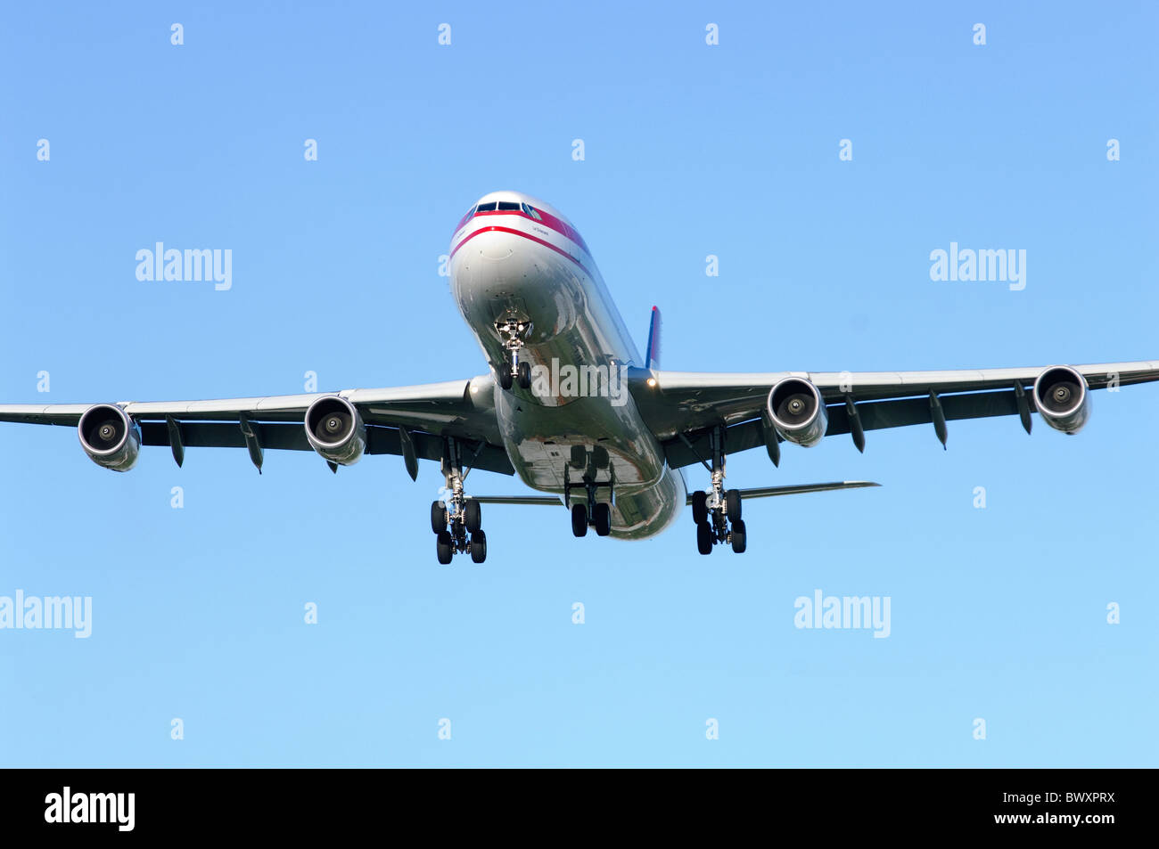 Airbus A340 Air Mauritius on approach for landing at London Heathrow Airport Stock Photo