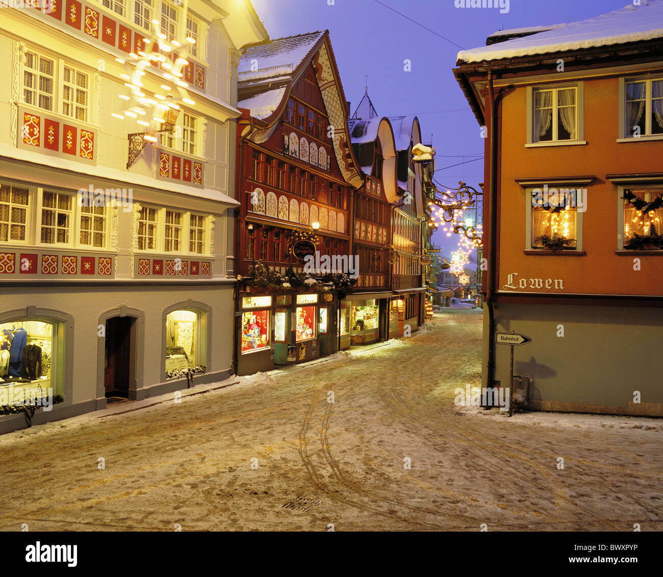 Old Town Appenzell illuminated dusk twilight facades lane houses homes