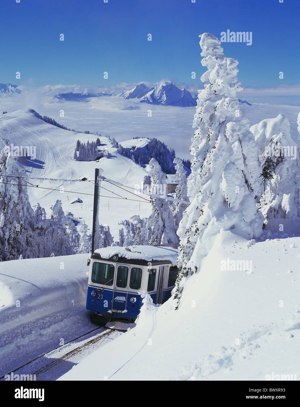 railway mountain road remote Lucerne Pilatus Rigi Switzerland Europe skiing area winter cloud cover Stock Photo