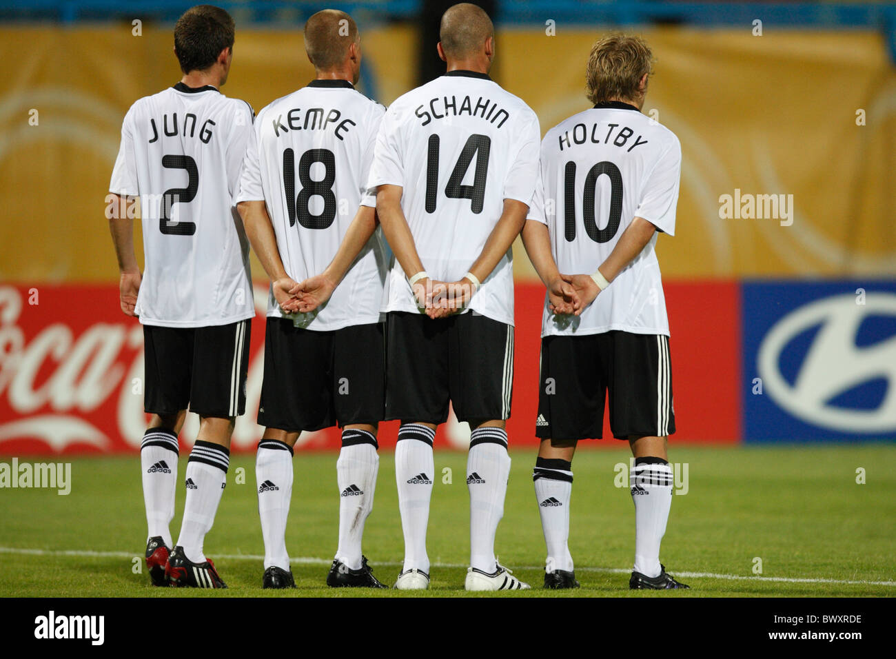German players set up a defensive wall during a FIFA U-20 World Cup Group C match against Cameroon October 2, 2009 Stock Photo