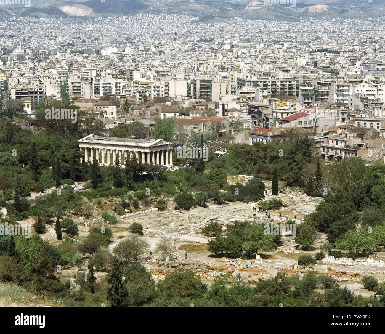 Agora Athens former marketplace Greece column temple Theseion Ancient world antiquity Stock Photo