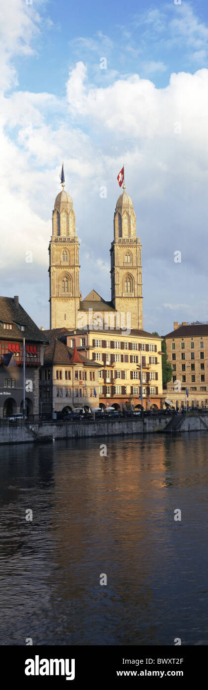dusk twilight Grossmunster portrait format Limmat quai panorama Switzerland Europe town city Zurich Stock Photo