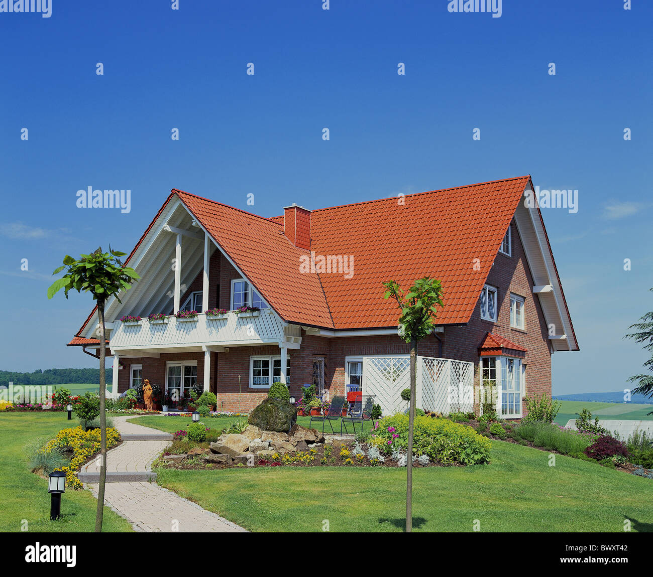 one family home dwelling house new building country house style garden way red brick house home