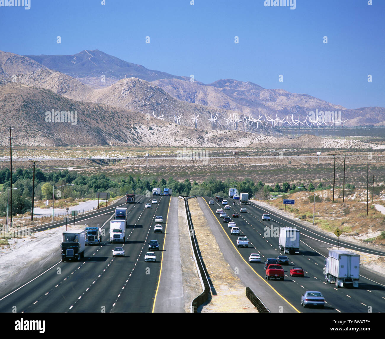 highway California California Interstate 10 Palm Springs valley overview USA America North America wind tu Stock Photo