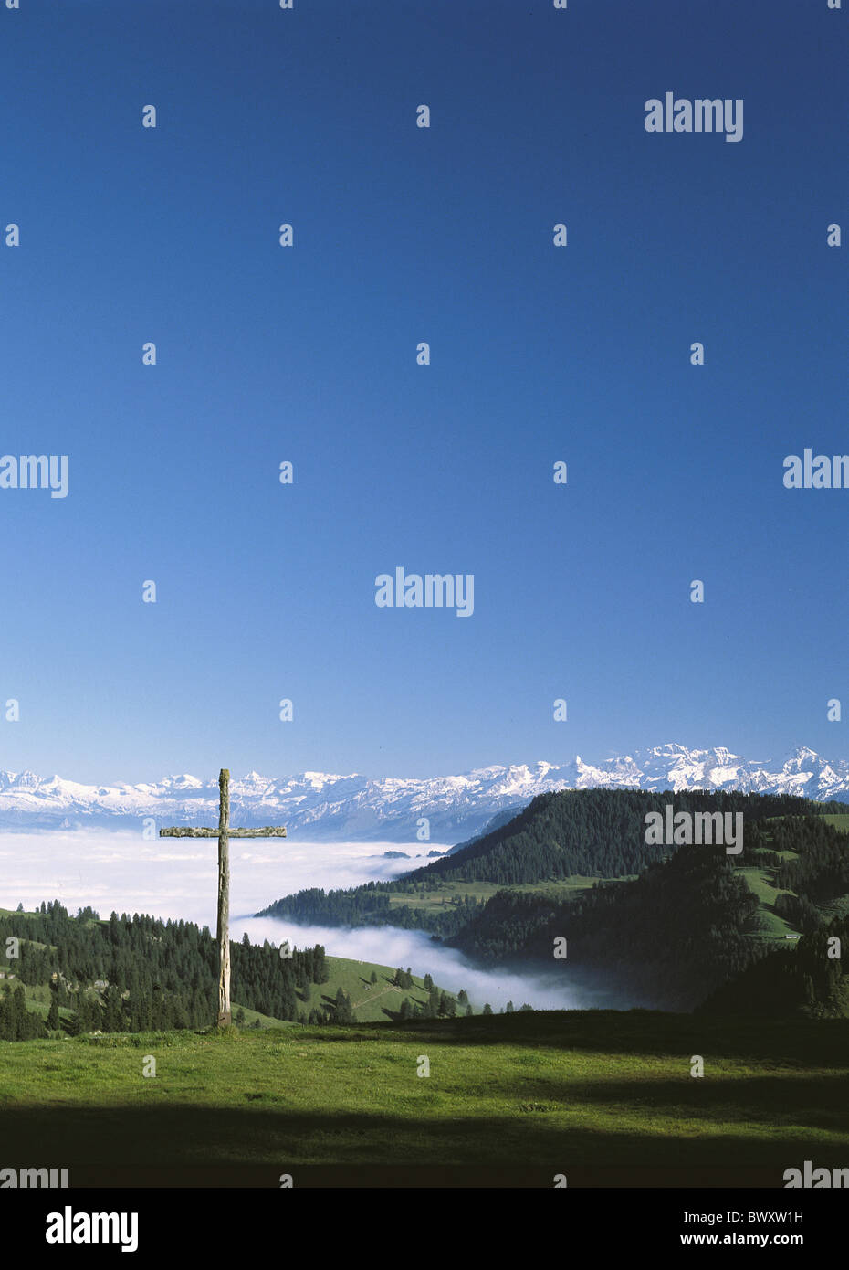 view near Rigi Staffel mountain panorama wooden cross canton Lucerne sea of fog Rigi Switzerland Europe Stock Photo