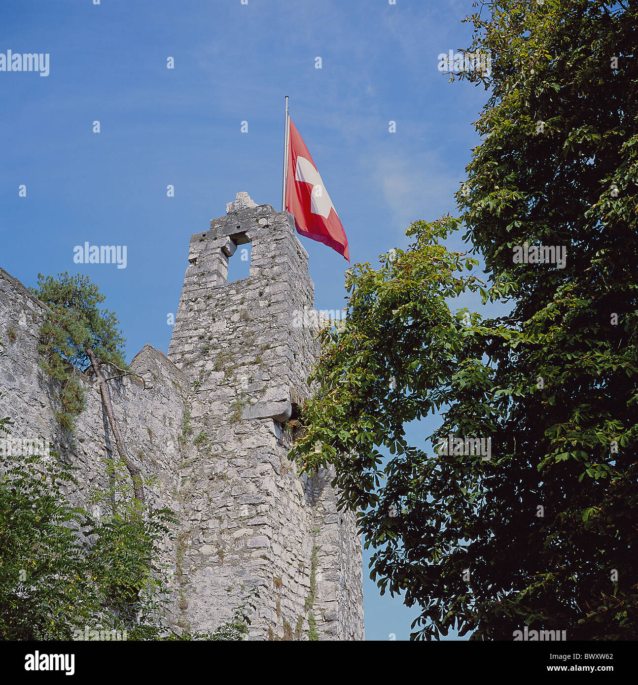 Switzerland Europe Aargau Baden castle ruins flag banner Middle Ages Stock Photo
