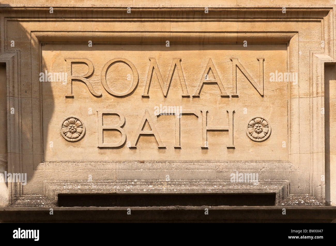 Roman Baths sign, Bath, Somerset, England, United Kingdom. Stock Photo