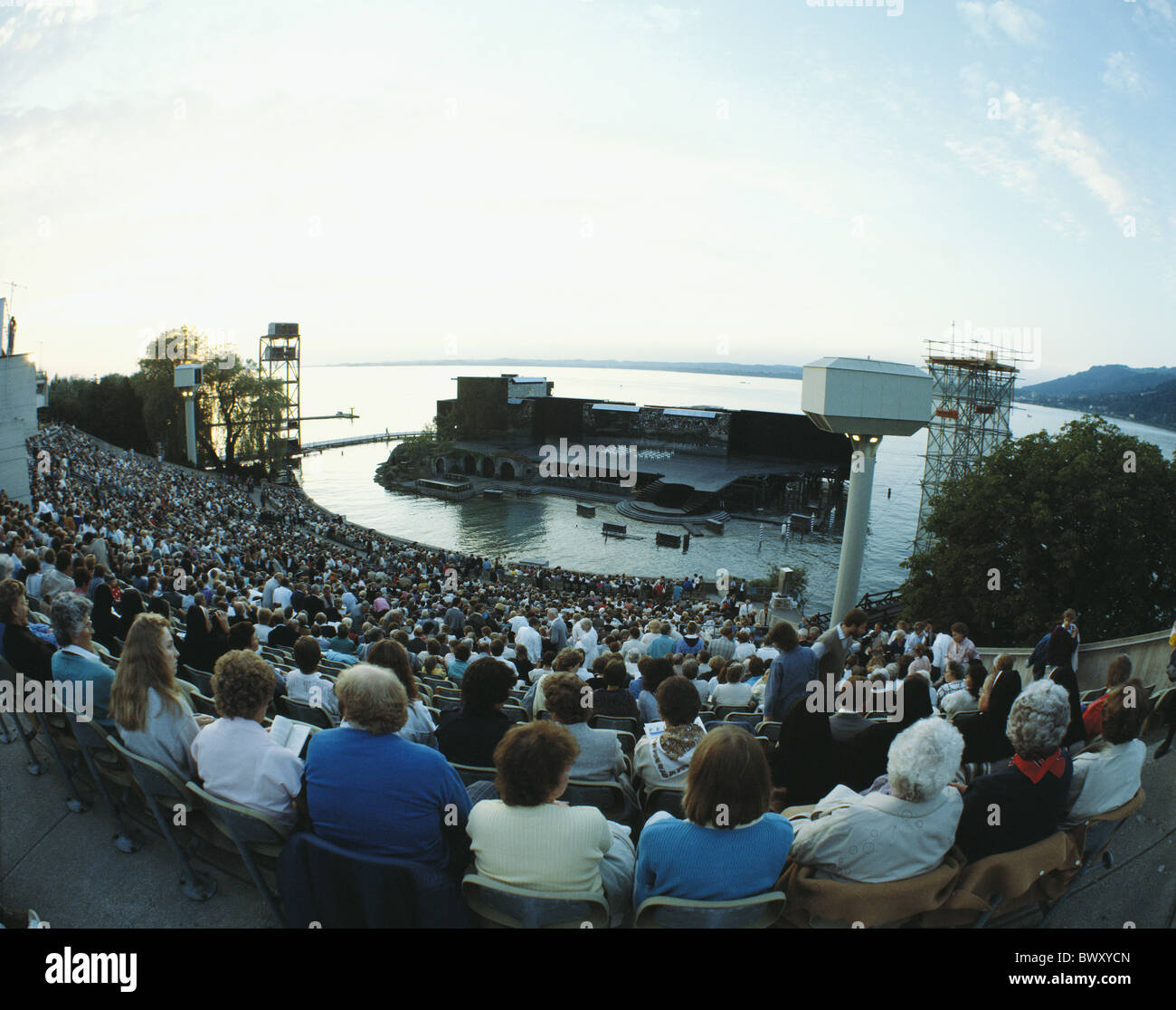 Austria Europe evening performance showing Bregenzer festival stage culture lake sea theater spectator Stock Photo