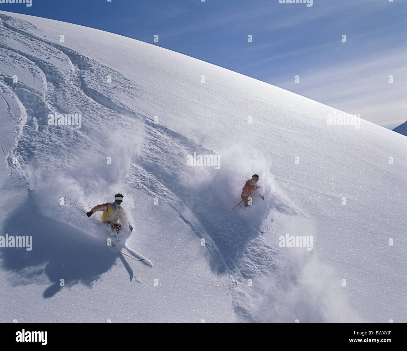 skiing deep snow winter two group Two ski winter sports sport Stock Photo