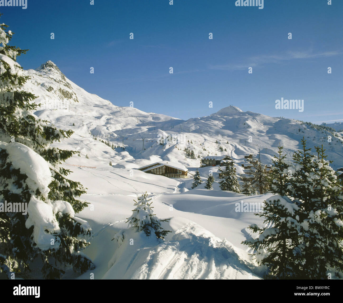 mountains Bettmeralp village scenery Switzerland Europe skiing area ski lifts Valais winter Stock Photo