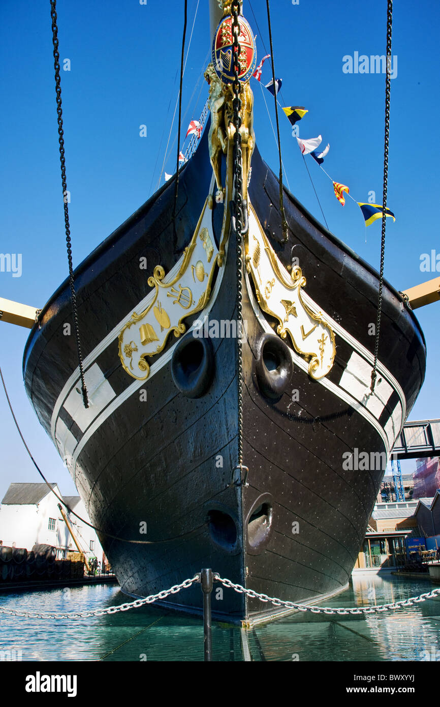 Prow of Brunel's first ocean liner SS Great Britain in dry dock at Bristol's floating harbour Stock Photo