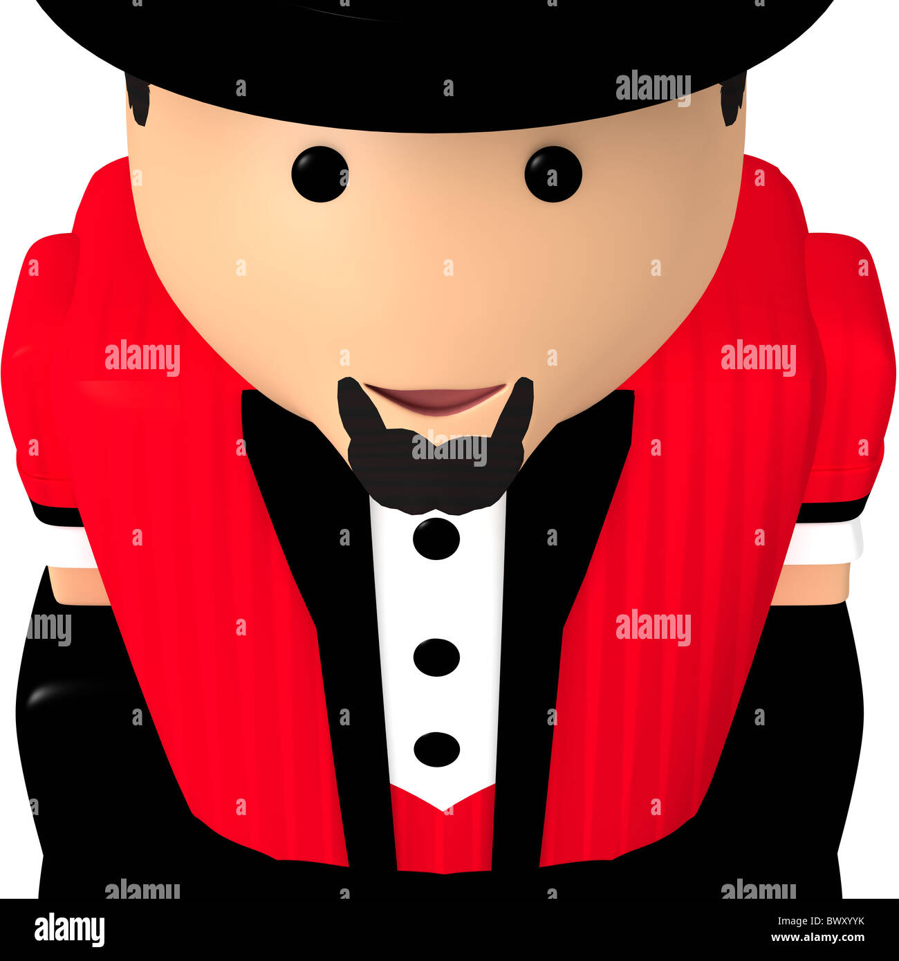 Closeup of a ringmaster in red and black suit with top hat on a white