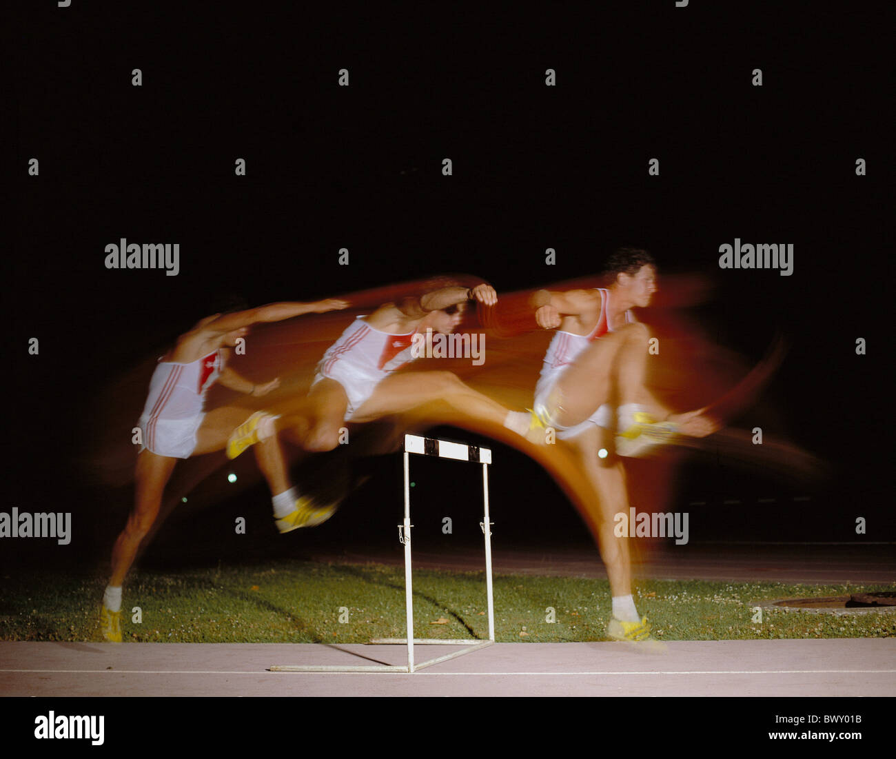 sport hurdle-race motion sequence stroboscope admission multiple exposure Stock Photo