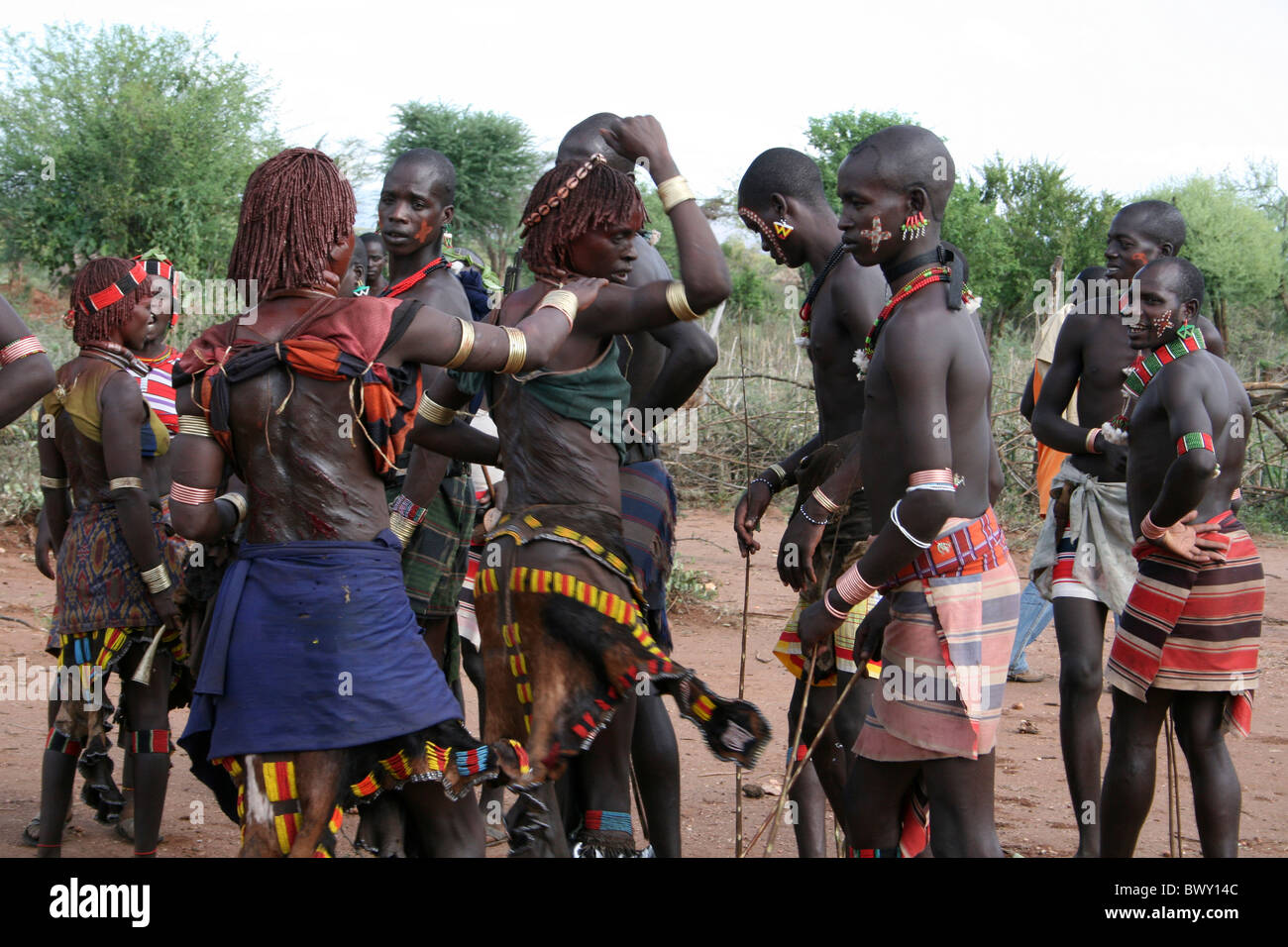 Sister of The Initiate Inspect Their Scars At A Hamer Bull-jumping Ceremony, Omo Valley, Ethiopia Stock Photo