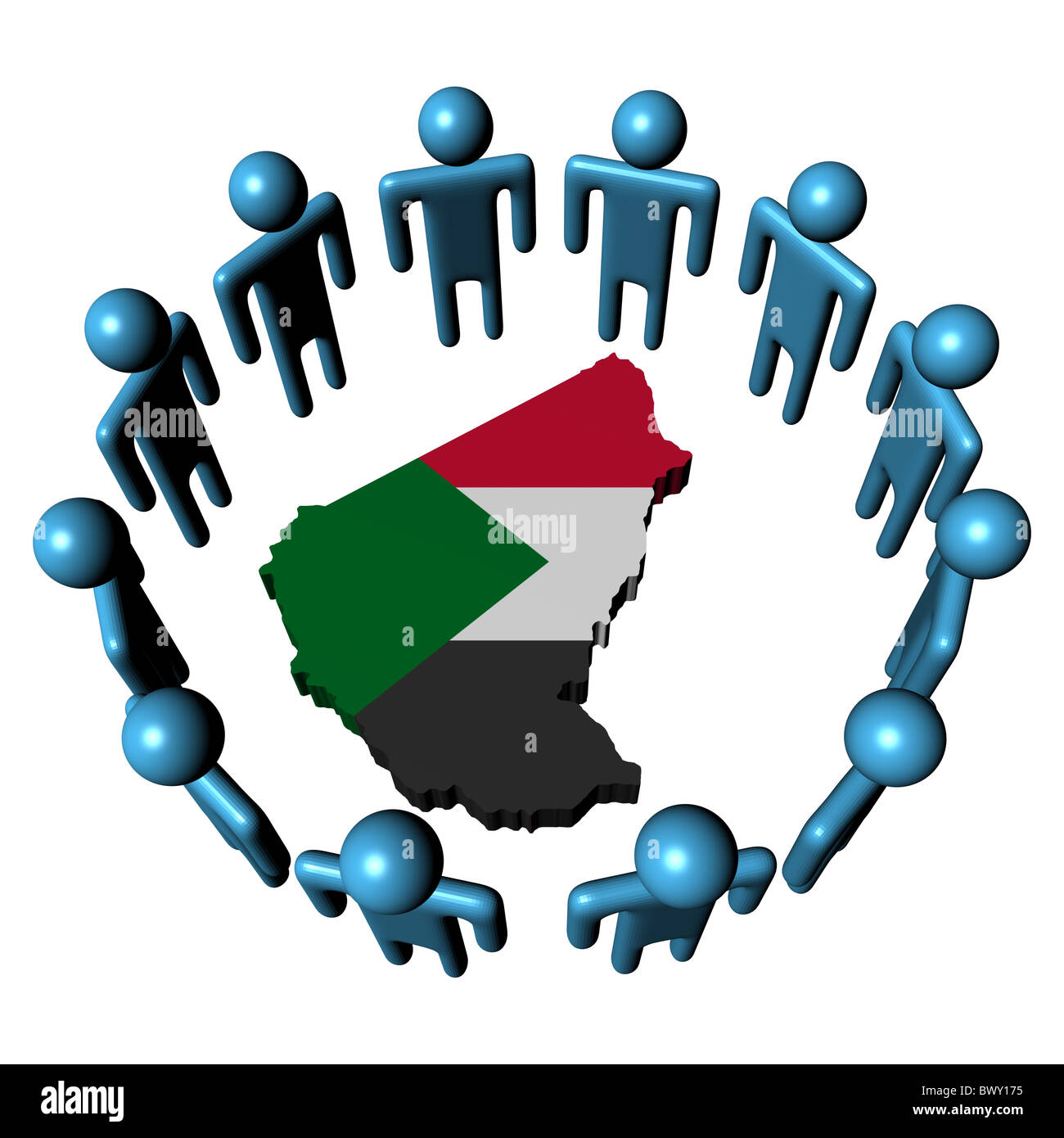 Circle of abstract people around Sudan map flag illustration Stock Photo