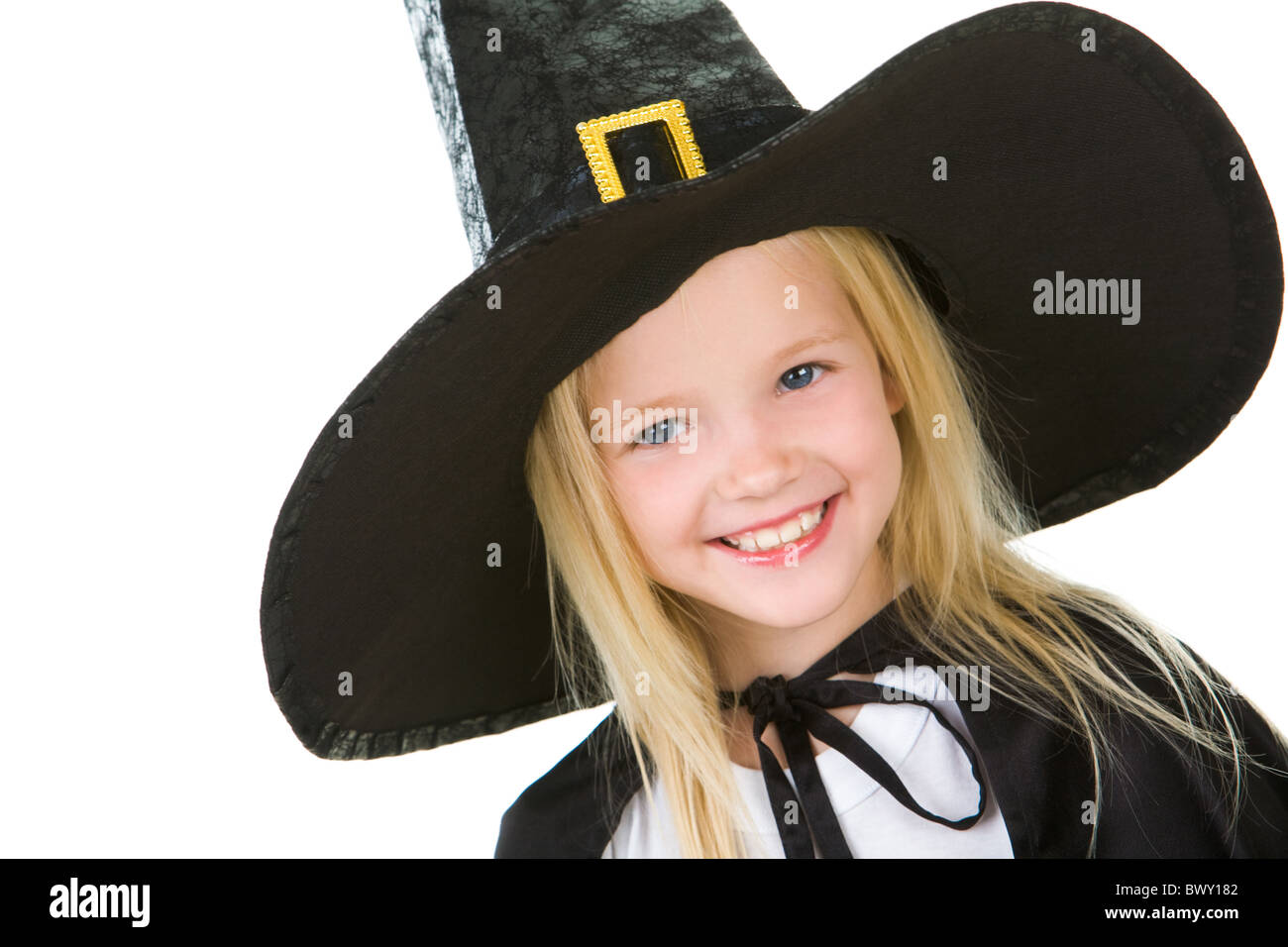 Portrait of girl in black hat on white background Stock Photo - Alamy