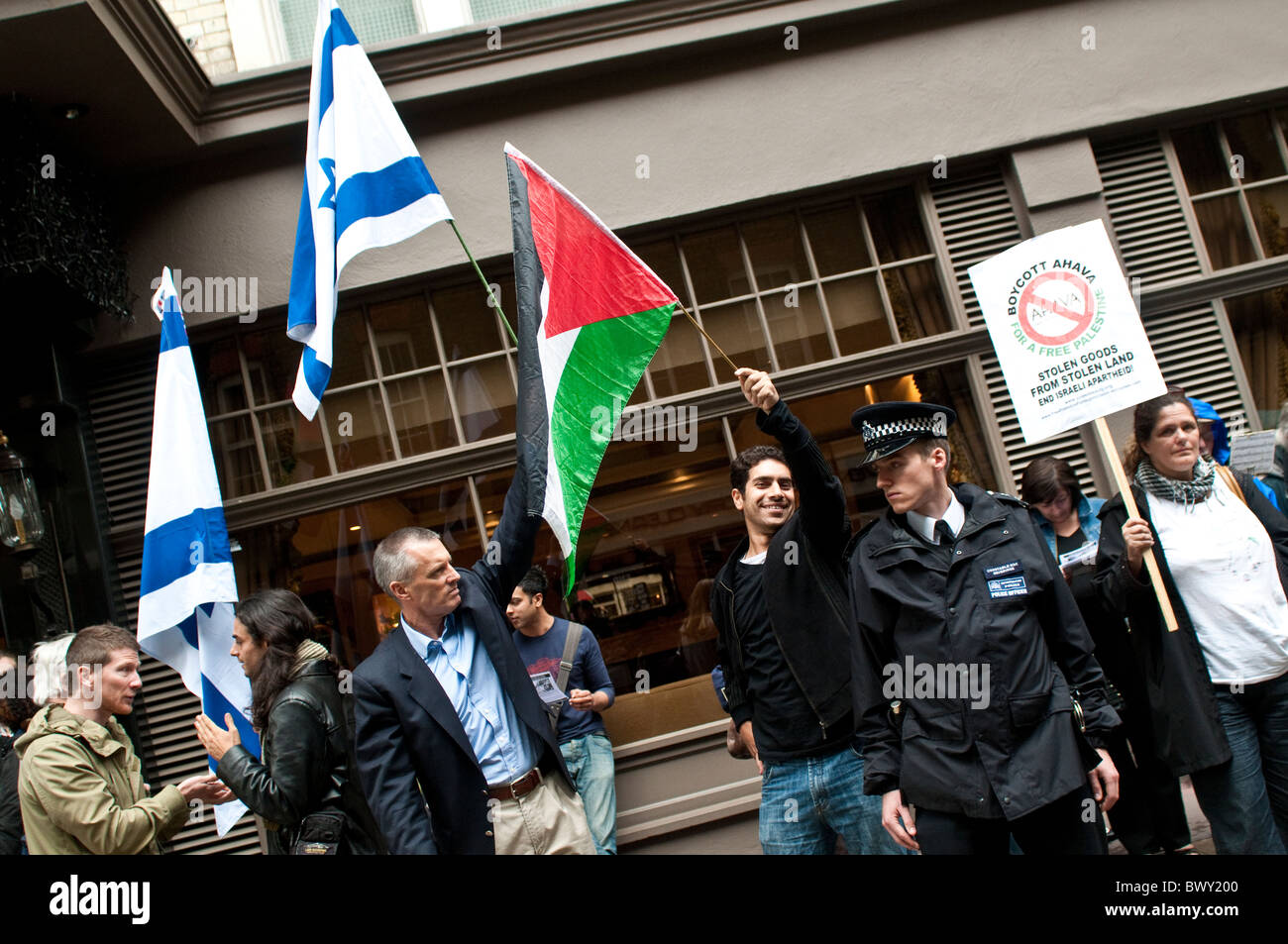 Demonstration for a Free Palestine outside Ahava shop in Covent Garden, London, UK Stock Photo