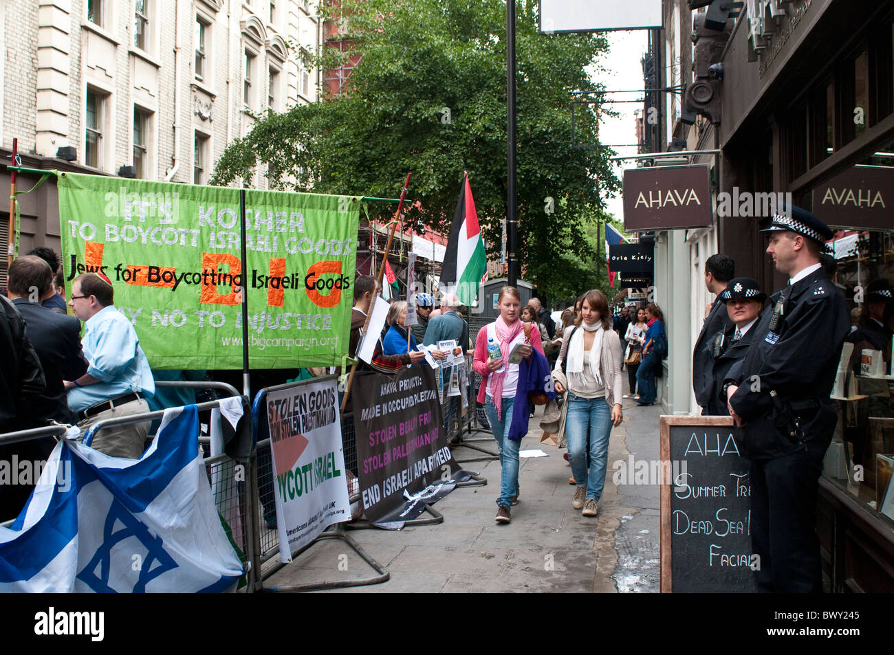 Demonstration for a Free Palestine outside Ahava shop in Covent Garden, London, UK Stock Photo