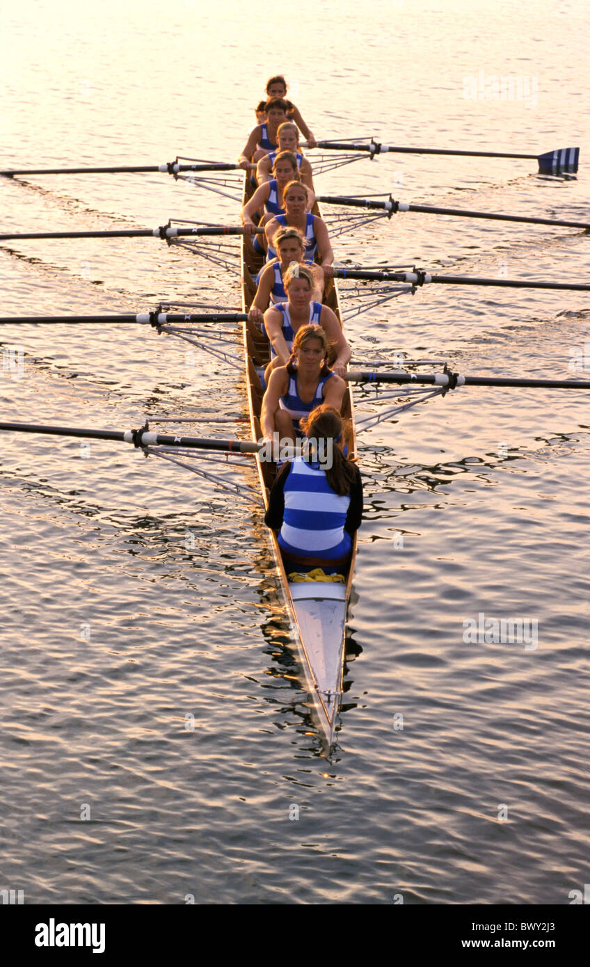 eight group lake rowing boat sports team rowing oar women woman people