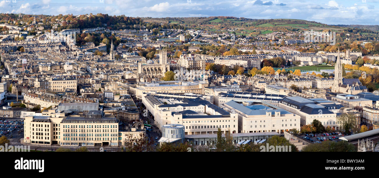 Autumn view over the historic city of Bath, Somerset, England showing Bath spa train station, sports ground, houses and churches Stock Photo