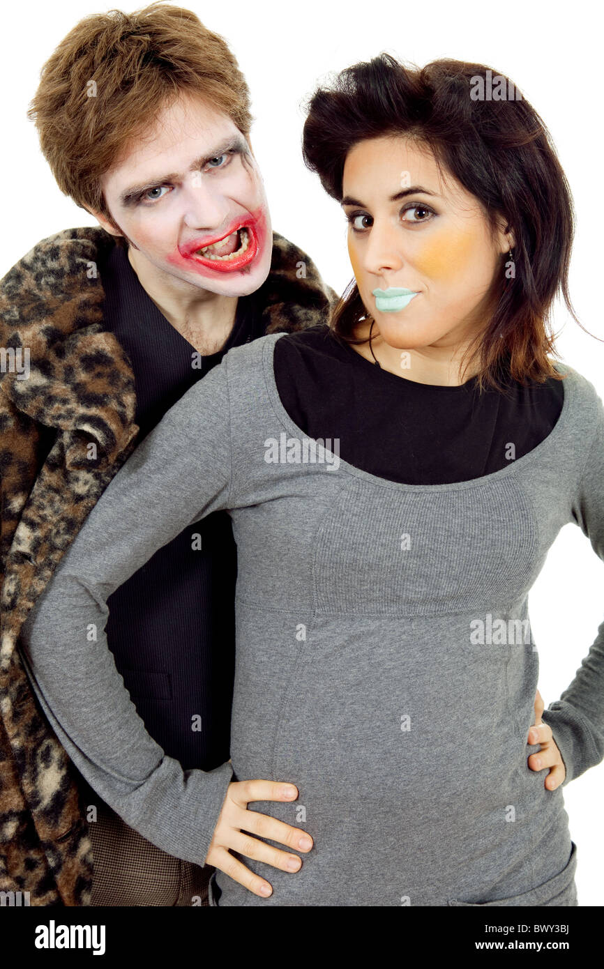 couple young people dressed as clowns, isolated Stock Photo