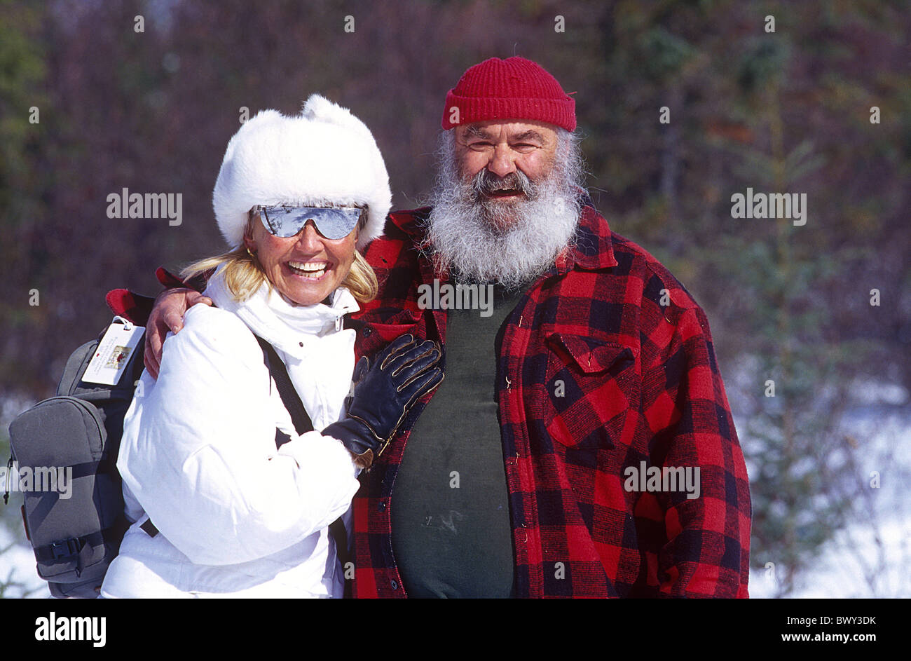 Abitibi Amos beard Canada North America America caps coat couple drop out hats laughing lumberjack jacke Stock Photo