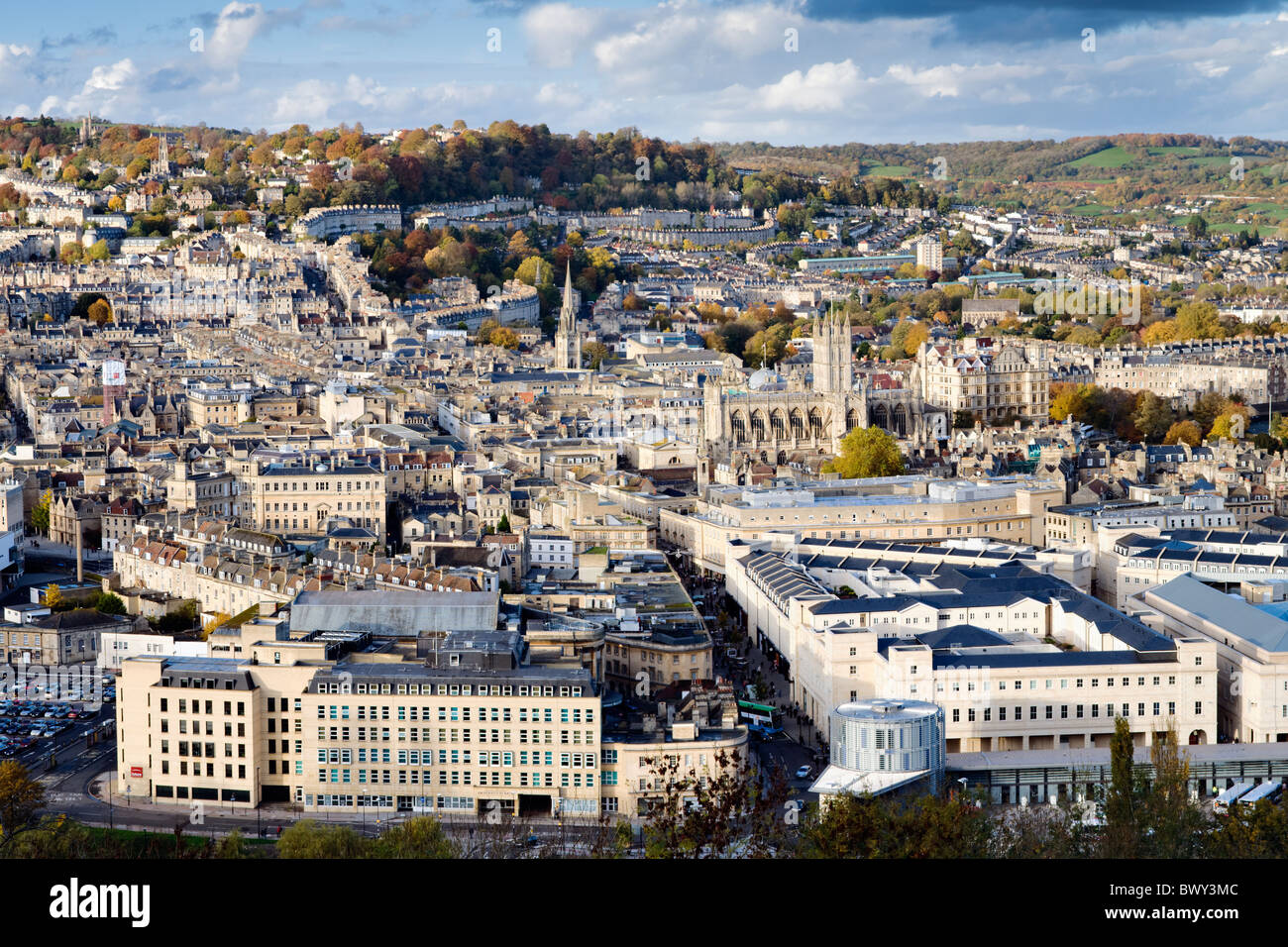 Autumn view over the historic city of Bath, Somerset, England showing streets, houses, shops, hotels, abbey and churches Stock Photo