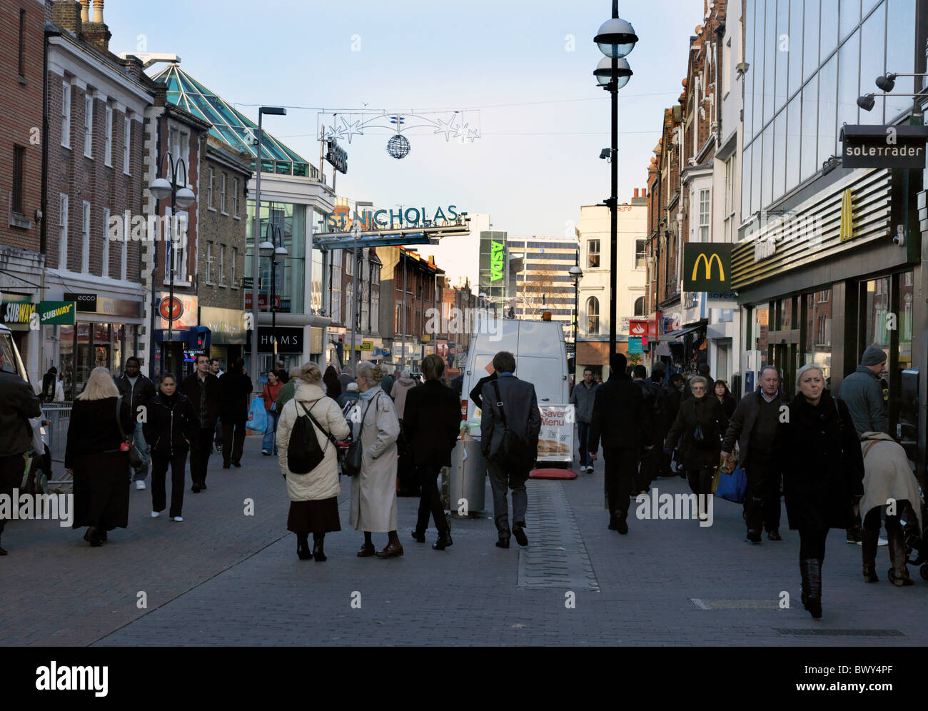 Sutton Surrey England Busy High Street With Crowds Of People And Shops Stock Photo