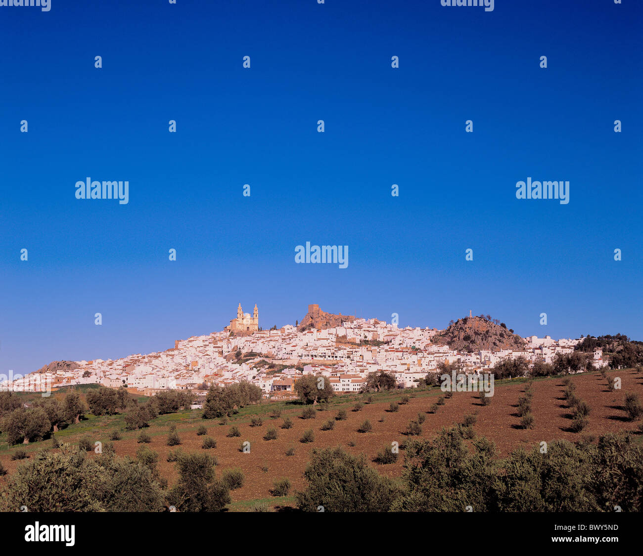 Spain Europe Andalusia Olvera white hill town view castle church Stock Photo