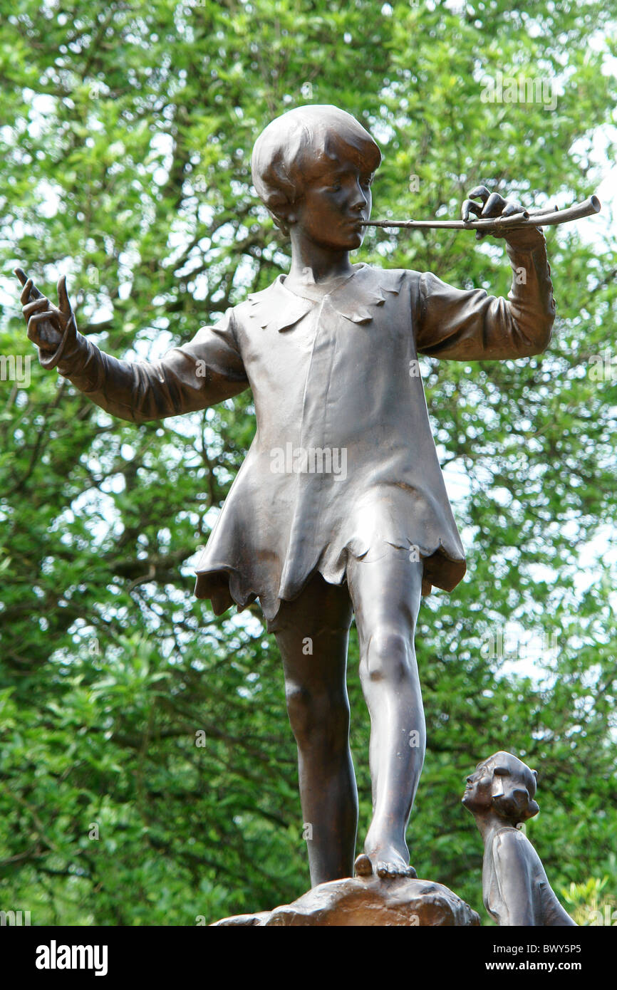 Statue of Peter Pan following restoration at the Conservation Centre and situated in Sefton Park, Liverpool, Merseyside, UK Stock Photo