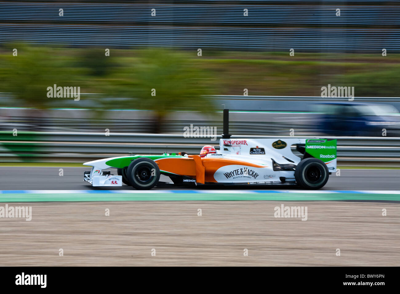 Vitantonio Liuzzi at the 2010 Jerez practice in his Force India, Formula 1 car, Spain. Motion blur, panning. Stock Photo