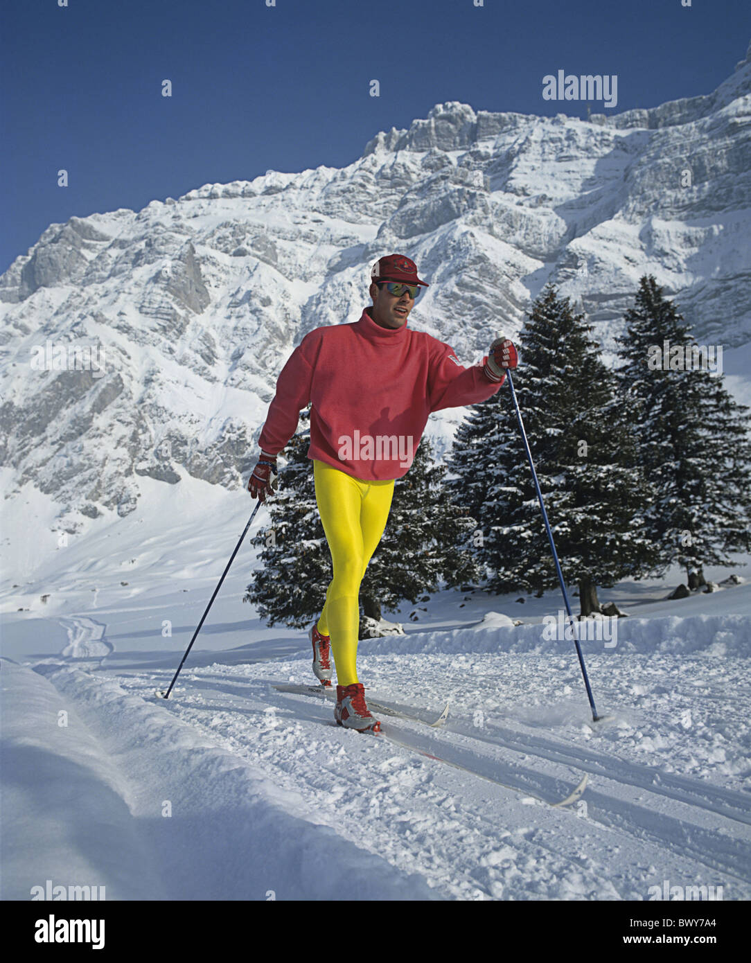 yellow background Santis cross-country skiing cross-country skiing winter  sports sport Leggings man cap ha Stock Photo - Alamy