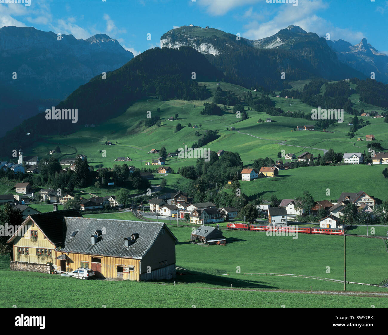 Alpstein Appenzeller railway canton Appenzell Innerrhoden Ebenalp farm mountains railroad scenery landscape Stock Photo