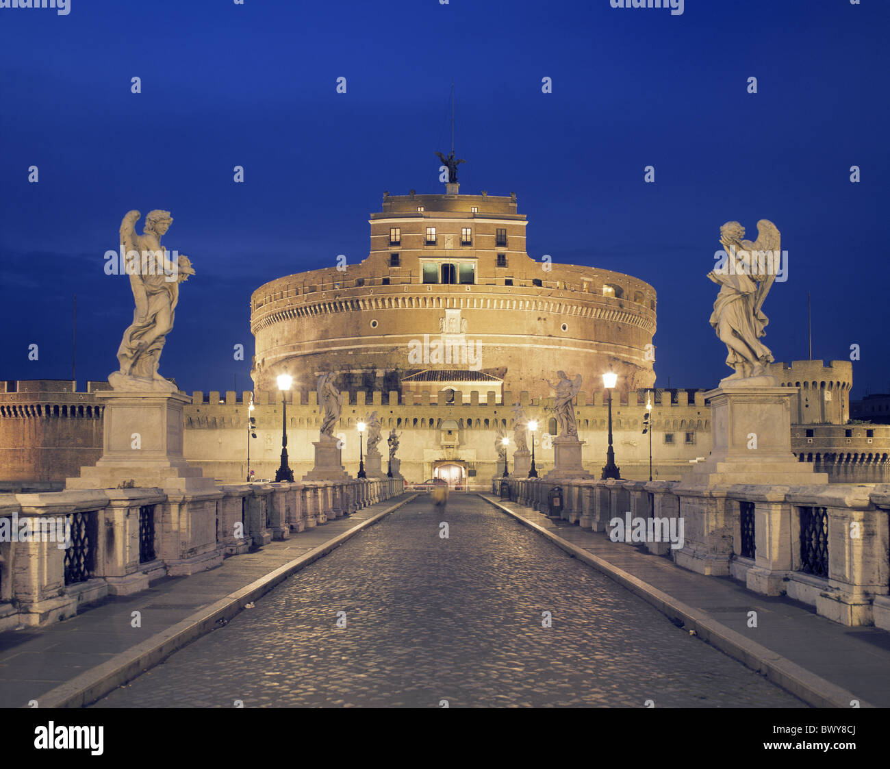 angel's bridge angel's castle figures river flow Tiber Italy Europe night at night Rome statues Stock Photo