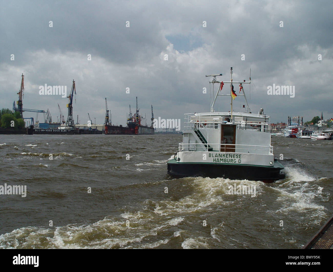 Germany Europe Elbe harbour port Hamburg industry crane cranes landing stages ship Saint Pauli Stock Photo