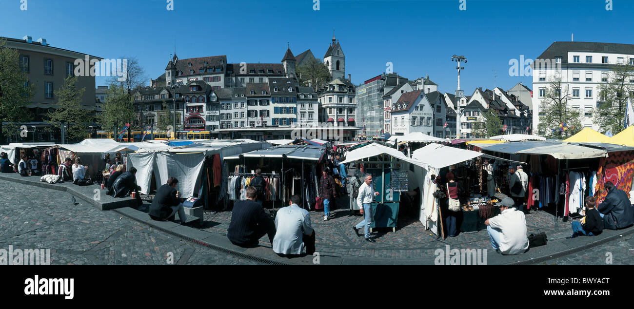 barefooter´s square Basel Basle city folks market no model release old town panorama people place Switzer Stock Photo