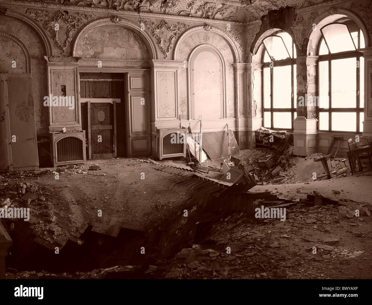 architecture ballroom ramshackle collapsed building construction historical inside ruins hall black and wh Stock Photo