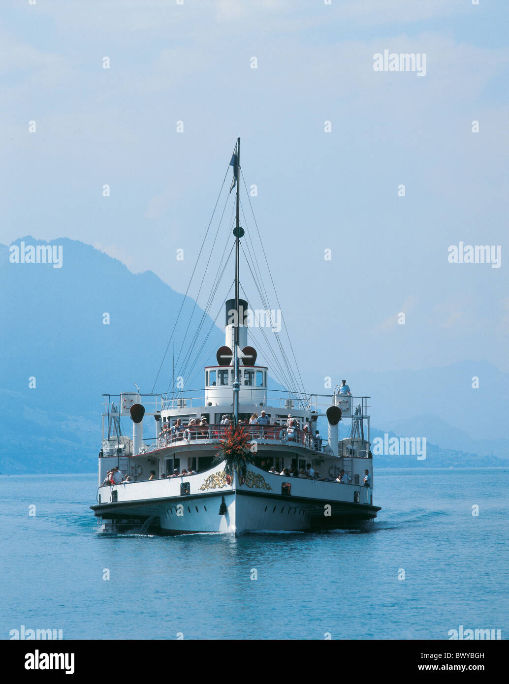 head only lake ship shipping shovel paddle steamer steamboat Switzerland Europe Lake Lucerne water Stock Photo